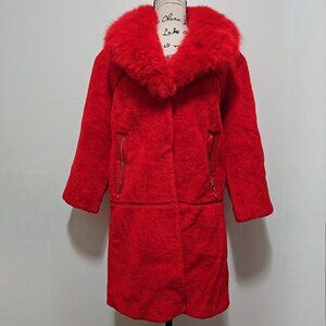 NewReal Sheepskin Shearling LambFur Coat Jacket Blazer Fox Holiday Christmas Red